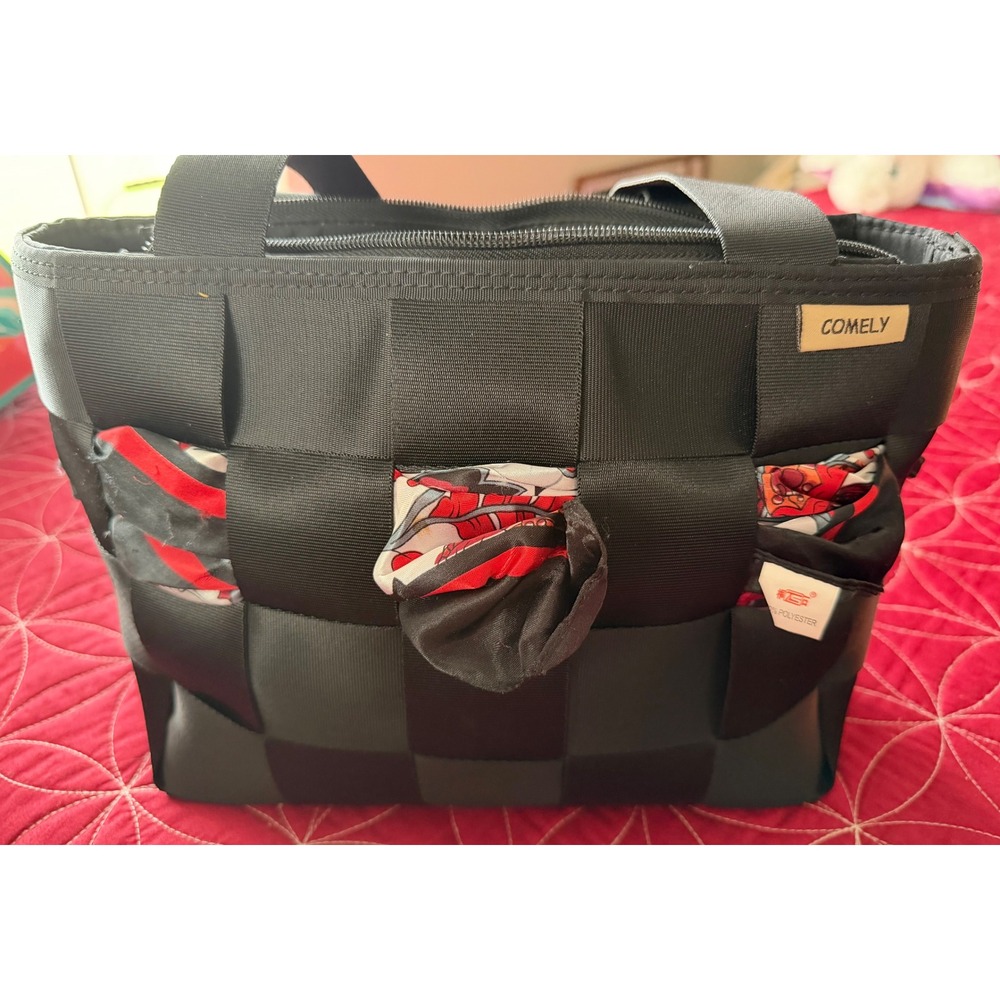 Comely Black Woven Recycled Seatbelt Tote Bag Handbag with Scarf Accents